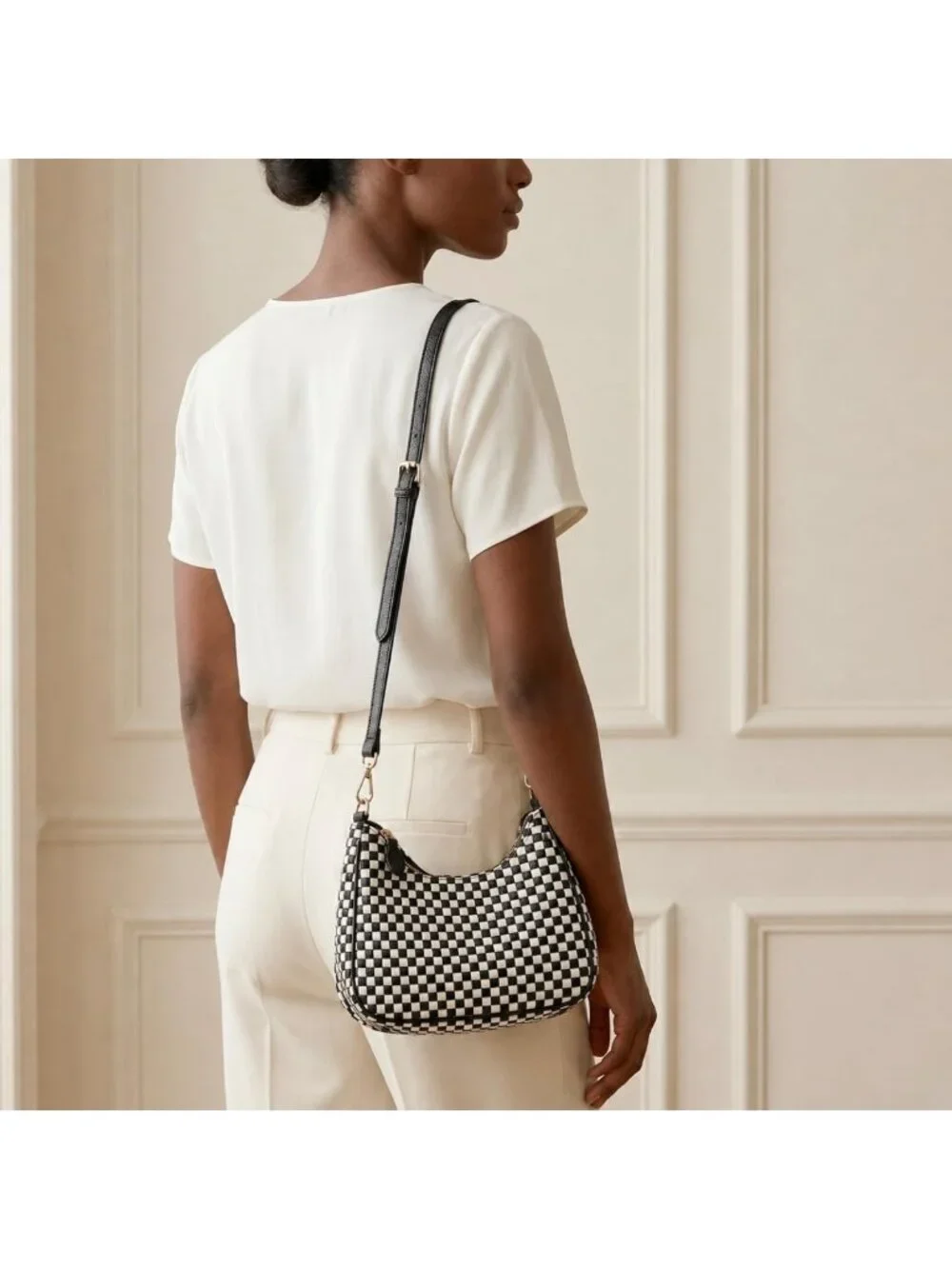 Chic Black Vegan Leather Woven Shoulder Bag, Slouchy Hobo Crossbody Tote